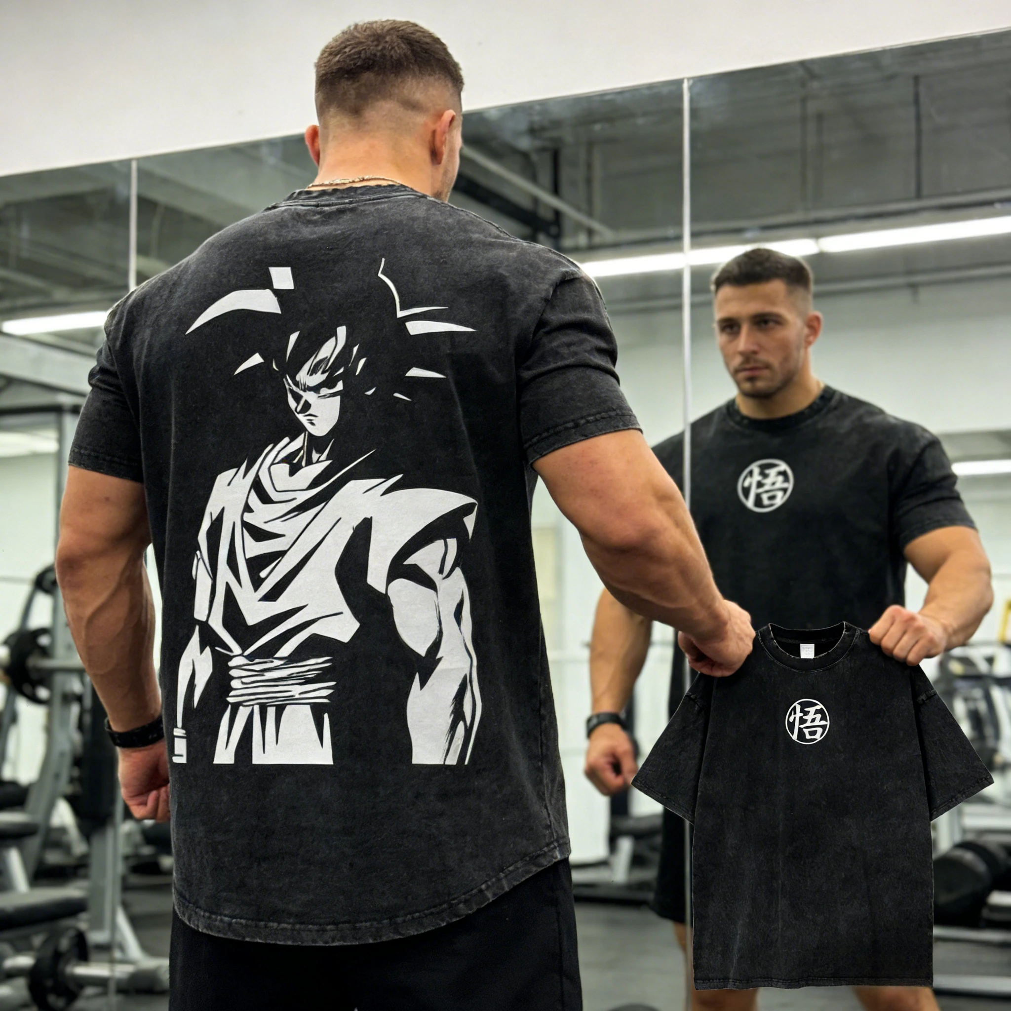 2026 Sommer Dragon Ball Goku „Kanji Symbol“ Print Washed Cotton T-Shirt – Oversized Gym Fitness, 100% Baumwolle, Unisex & Kinder T-Shirt