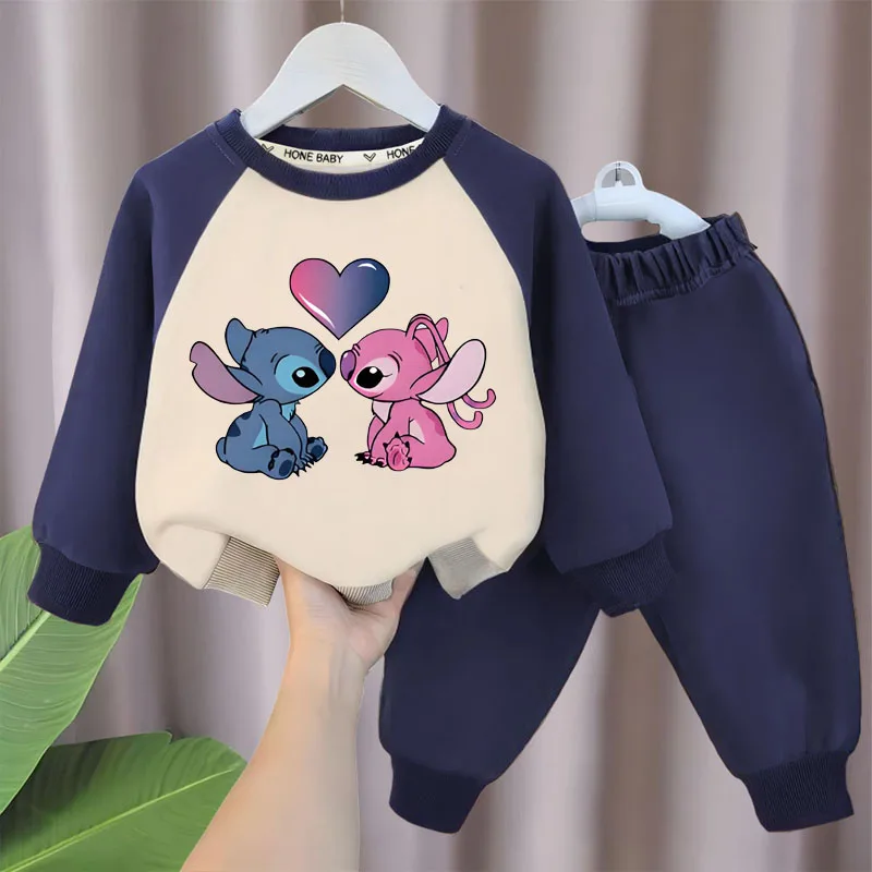

DISNEY Stitch Print Boys Girls Spliced Sweatshirt 2-PC Sets Kids O Neck Hoodies and Trouser 2pcs Set Kids Sport Clothes Autumn