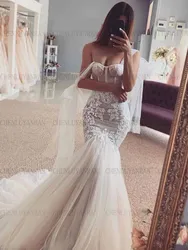 Vestidos de novia de sirena elegantes para mujer, apliques de tul, vestidos largos de tren de barrido para mujer