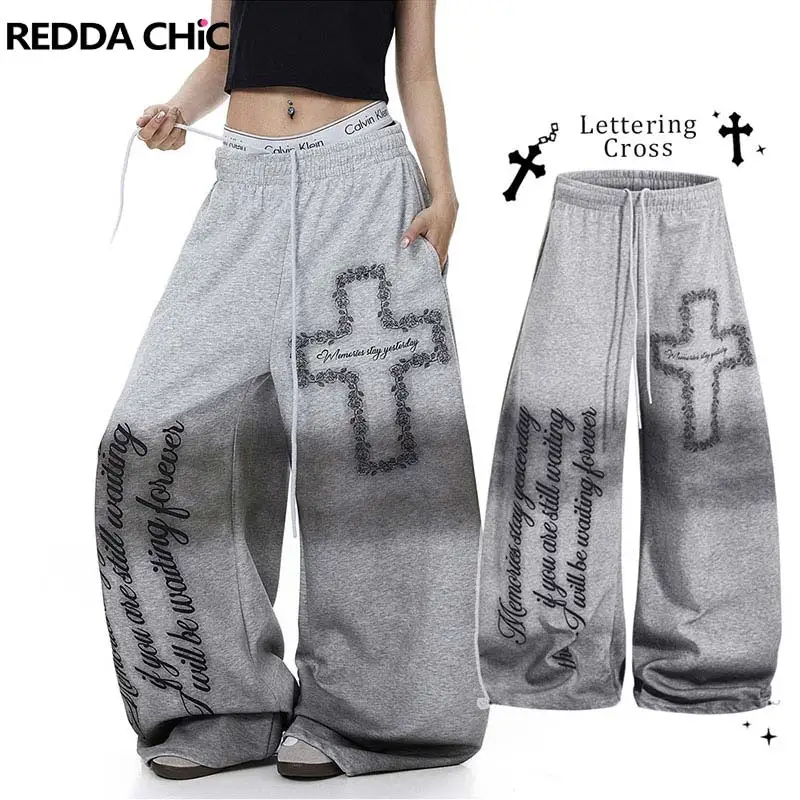 REDDACHiC Cross Letter Print Women Sweatpants Lounge Oversized Distressed Gray Elastic Waist Parachute Joggers Dancing Bottoms