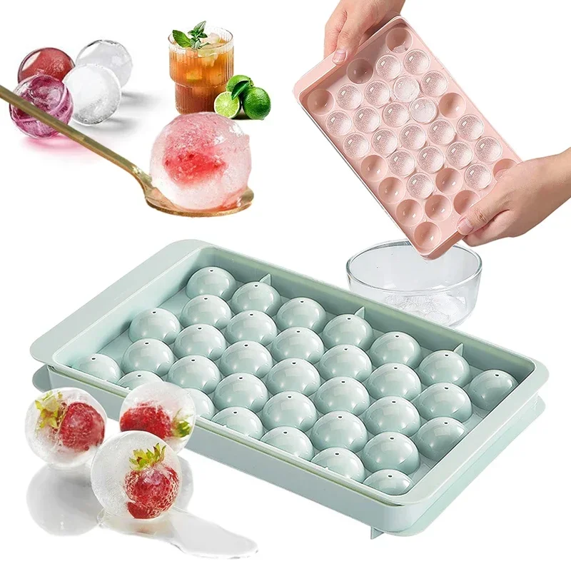 

1Pc 3D Round Ice Cube Mold with Lid Ice Tray 33 Compartments Kitchen Refrigerator Quick Freezing Homemade Ice Cube Plastic Mold