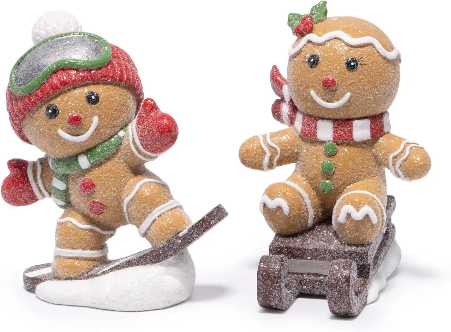 Gingerbread Ski & Sled Figurines – Hand-Painted Resin Christmas Ornaments, Glitter Candy Style, Tabletop, Cute 2-Piece Set