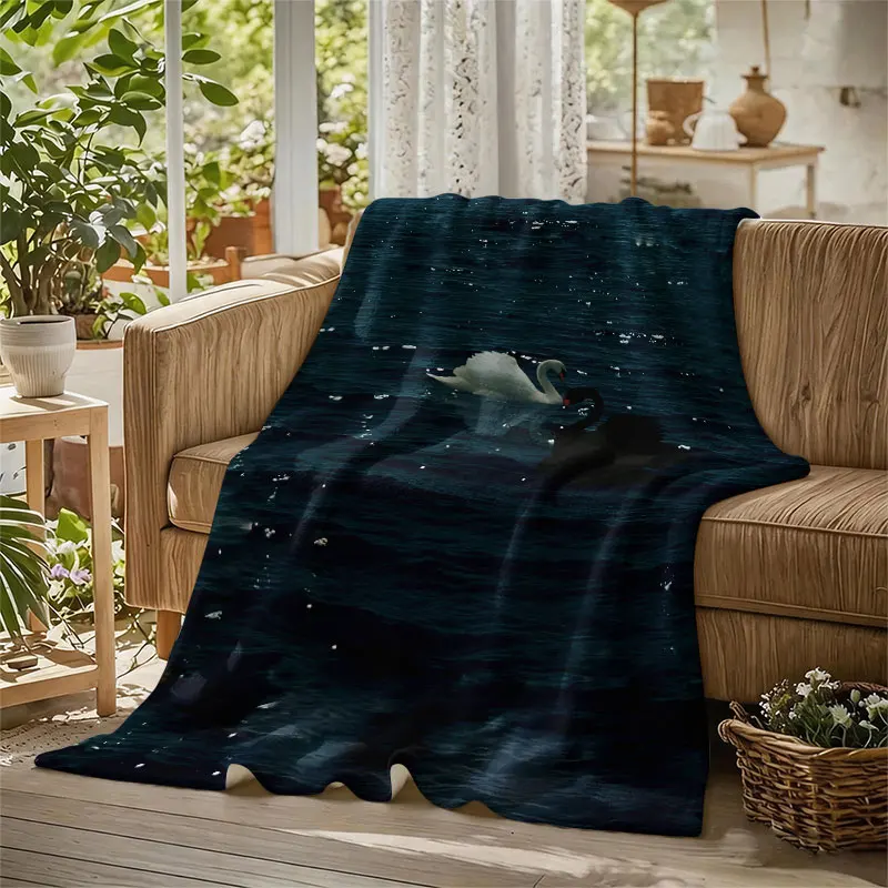 Black White Swan Ocean Flannel Blanket Perfect for Sofa Office Bed Travel Sleep Read Relax Camping Four Season Use
