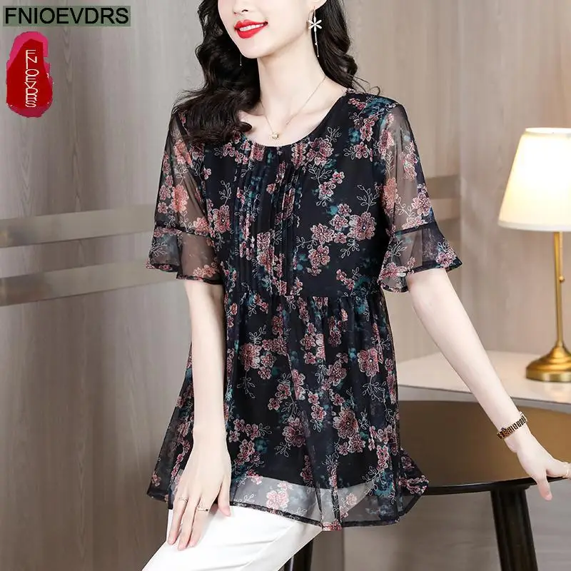 L-5XL Loose Clothes Women 2023 Summer Elegant Office Lady Long Shirts Casual Retro Vintage Ruffles Floral Peplum Tops Blouse