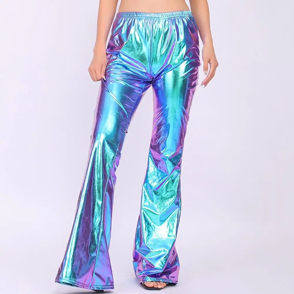 

Women Trousers Vintage Disco Party Costume Clubwear Women's Shiny Metallic Bell-bottomed Pants with Elastic Waist for Stage