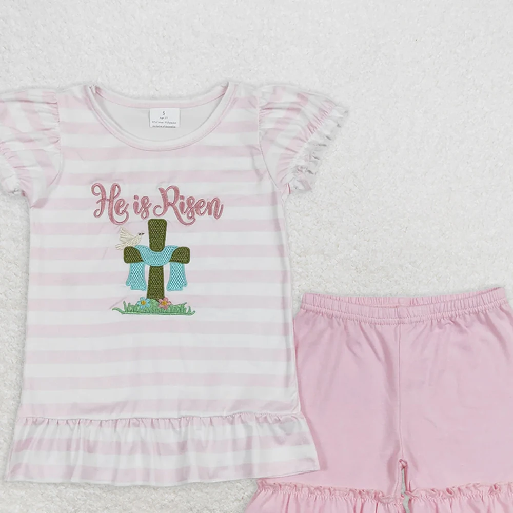 Ensemble chemise et t-shirt de pâques pour bébés filles, avec short à volants à rayures roses, pour le printemps