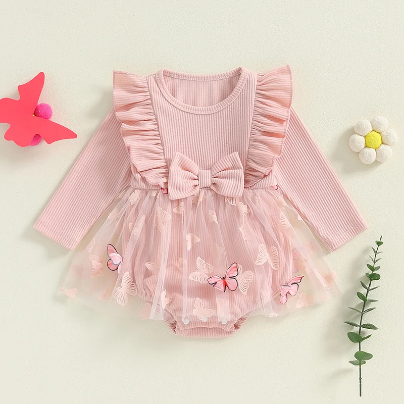 

Infant Baby Girls Spring Romper Dress Long Sleeve Butterfly Print Tulle Patchwork Romper