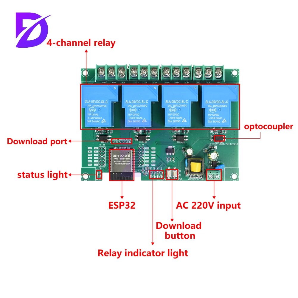 Módulo de relé de 4 vías AC 220V 30A WIFI BT Módulo Esp32E integrado compatible con desarrollo secundario