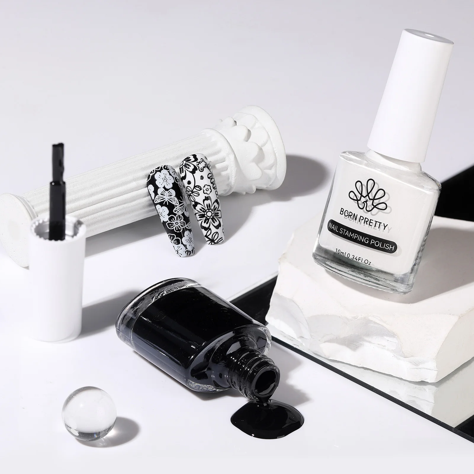 BORN PRETTY 10m Black White Stamping Nail Polish Air Dry Classic Nail Art Printing Varnish DIY for Nail Stamp Plate Design