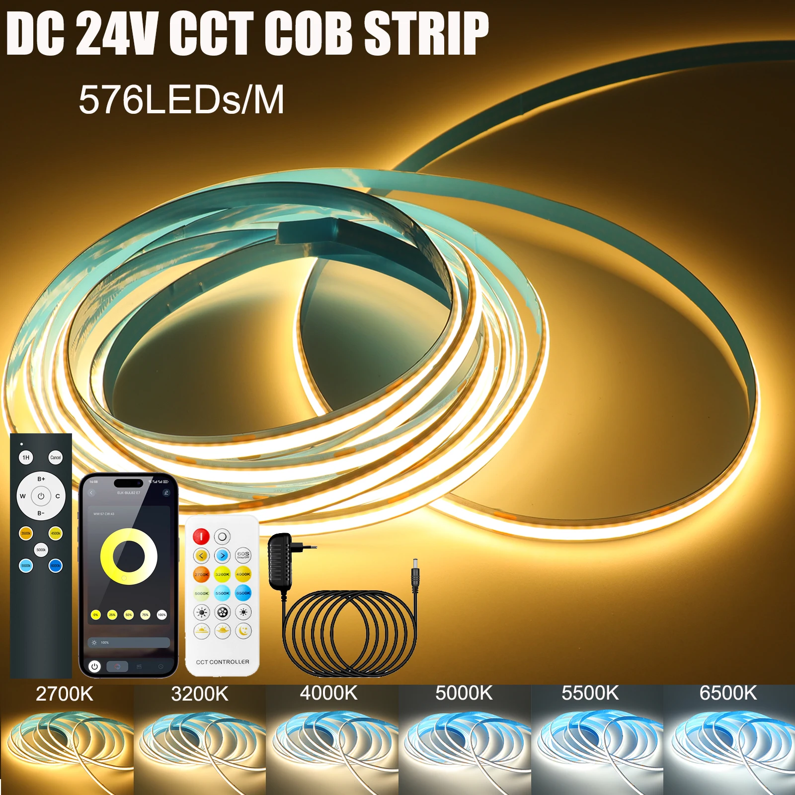 

Светодиодная лента CCT COB постоянного тока 24 В с регулируемой яркостью, гибкая светодиодная лента с 17-клавишным RF/Bluetooth, управление через приложение, вилка стандарта ЕС/США/Великобритании/Австралии