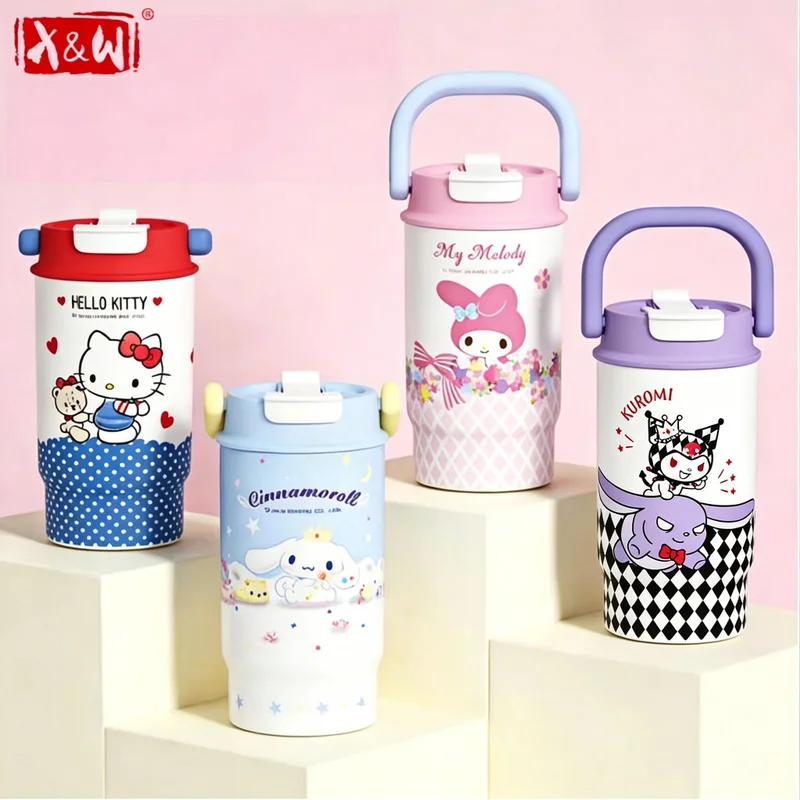 X&W Sanrio Cartoon Thermos Bottle with Straw & Sip Lid SUS316 Steel Insulated & Leak Proof Portable for Outdoor Sports & Travel