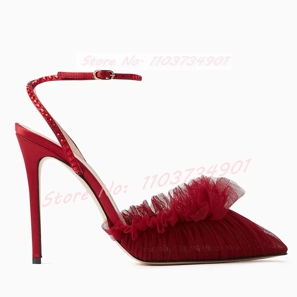 

Crystals Ankle Strap Mesh Sandals Women Elegant Trendy Pointy Toe Thin High Heels Shoes Lady Party Casual Sexy Big Size Sandals