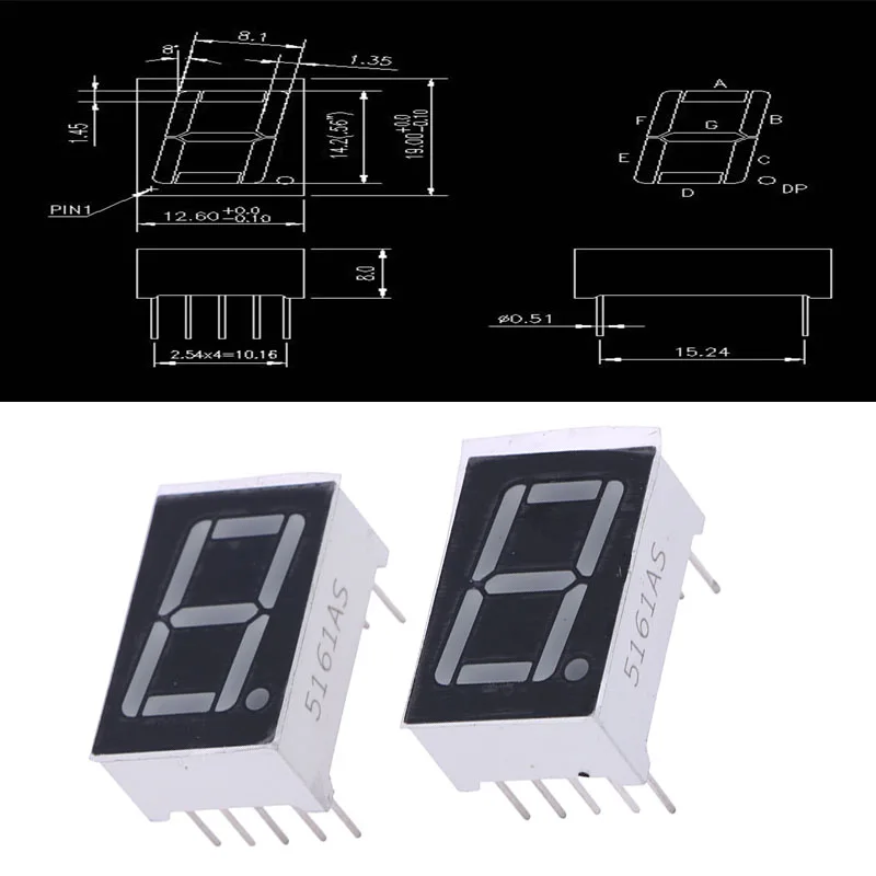 10 Peças de Tubo Digital com Ânodo/Cátodo Comum de 0,56 Polegadas, 10 Pinos, 5161AS 5161BS, Dígitos de 1 Bit, Display Digital LED Vermelho de 7 Segmentos Digitron