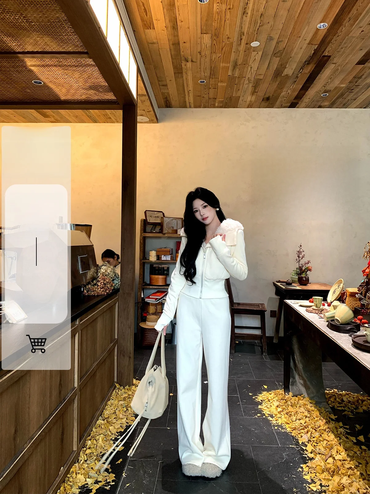 

Fleece Lined Hoodie Set Women's Winter Casual Fashion Loose Wide Leg Pants Two Piece Suit High Waist Long Pants Short Coat