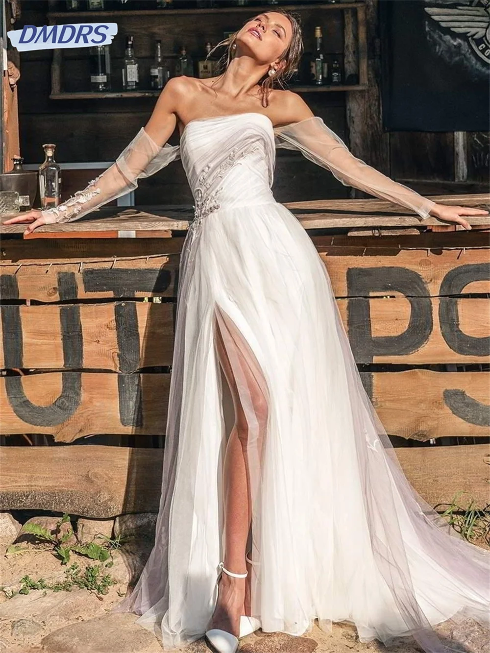 Sheer Long Sleeves Wedding Dresses Strapless Ruched Beaded Applique Side Split Sexy Summer Bridal Gowns Bohemian For Women