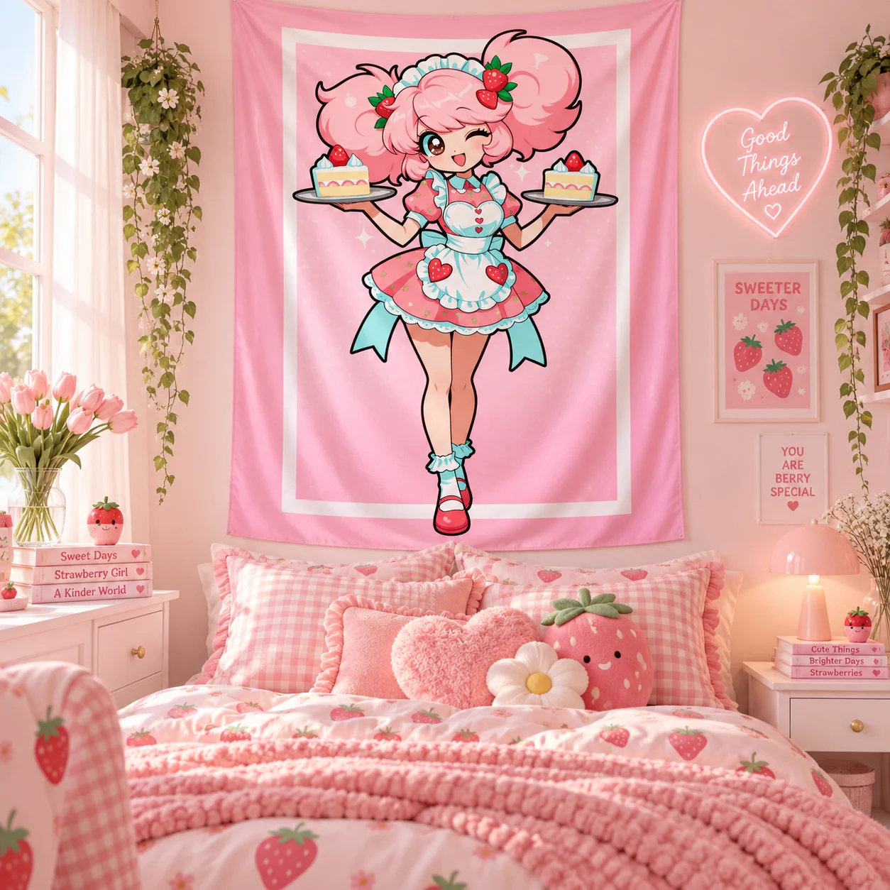Sweet Strawberry Maid Girl Wall Tapestry Pink Hair Anime Character Cake Print Wall Hanging Dorm Bedroom Kawaii Aesthetic Home