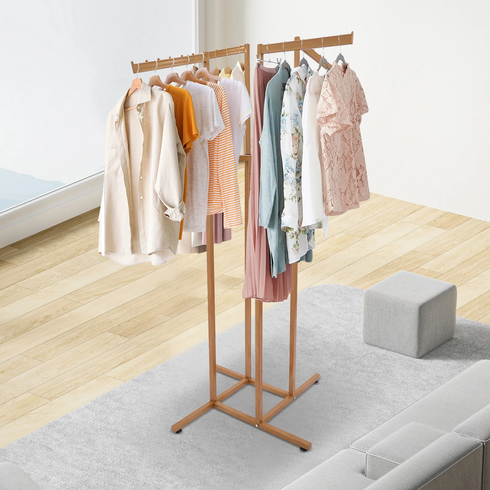 

4-Way Adjustable Retail Garment Rack, Gold Clothing Display Stand with Height Adjustment 47-71 Inches, Store Apparel Hanger