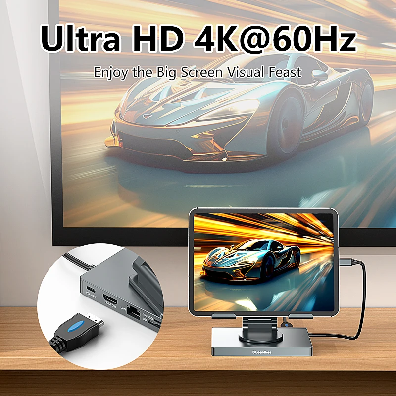 Blueendless Ipad stand USB C Hub 4K 60HZ  HD Type-C 100W PD SD/TF Slot Reader USB 3.0 5Gbps 9 In 1 Type-C Hub ipad holder