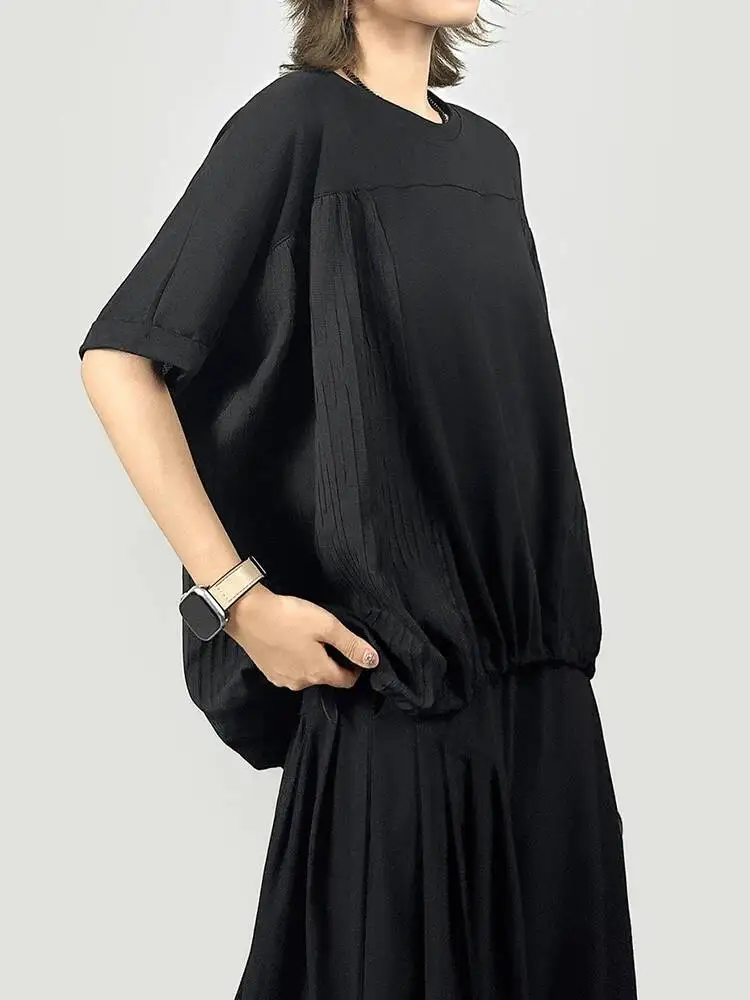 Black Drawstring Women Big Size T-shirt New Round Neck Short Batwing Sleeve Fashion  Spring Summer 2026 8707 view 2