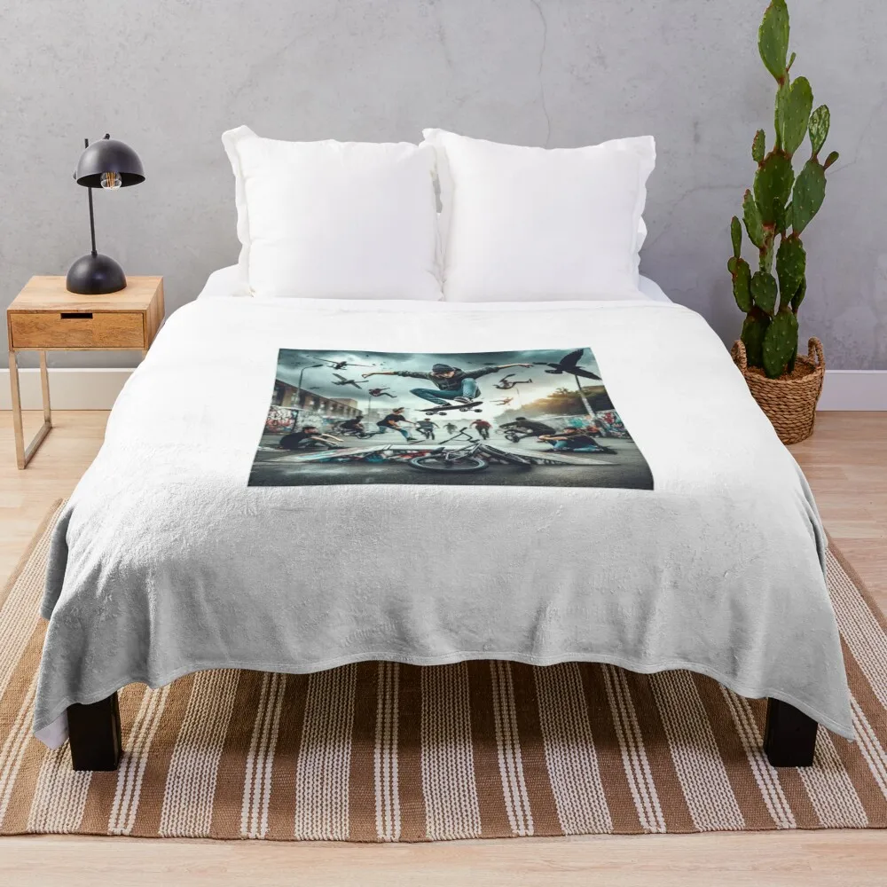 Extreme Sports Stunts Including skateboarding tricks and BMX jumps In an urban street scene Throw Blanket Plush Blankets