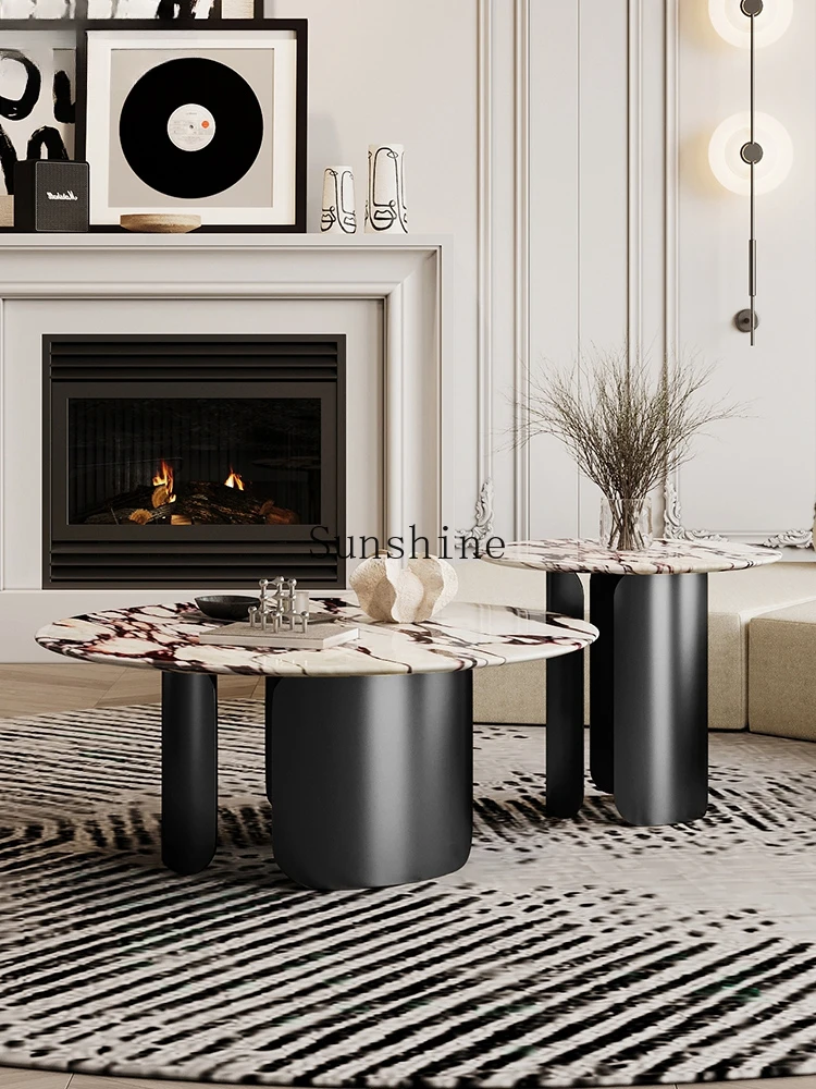 طاولة قهوة مستديرة من الرخام الإيطالي البسيط، شقة صغيرة منزلية فاخرة وخفيفة الوزن