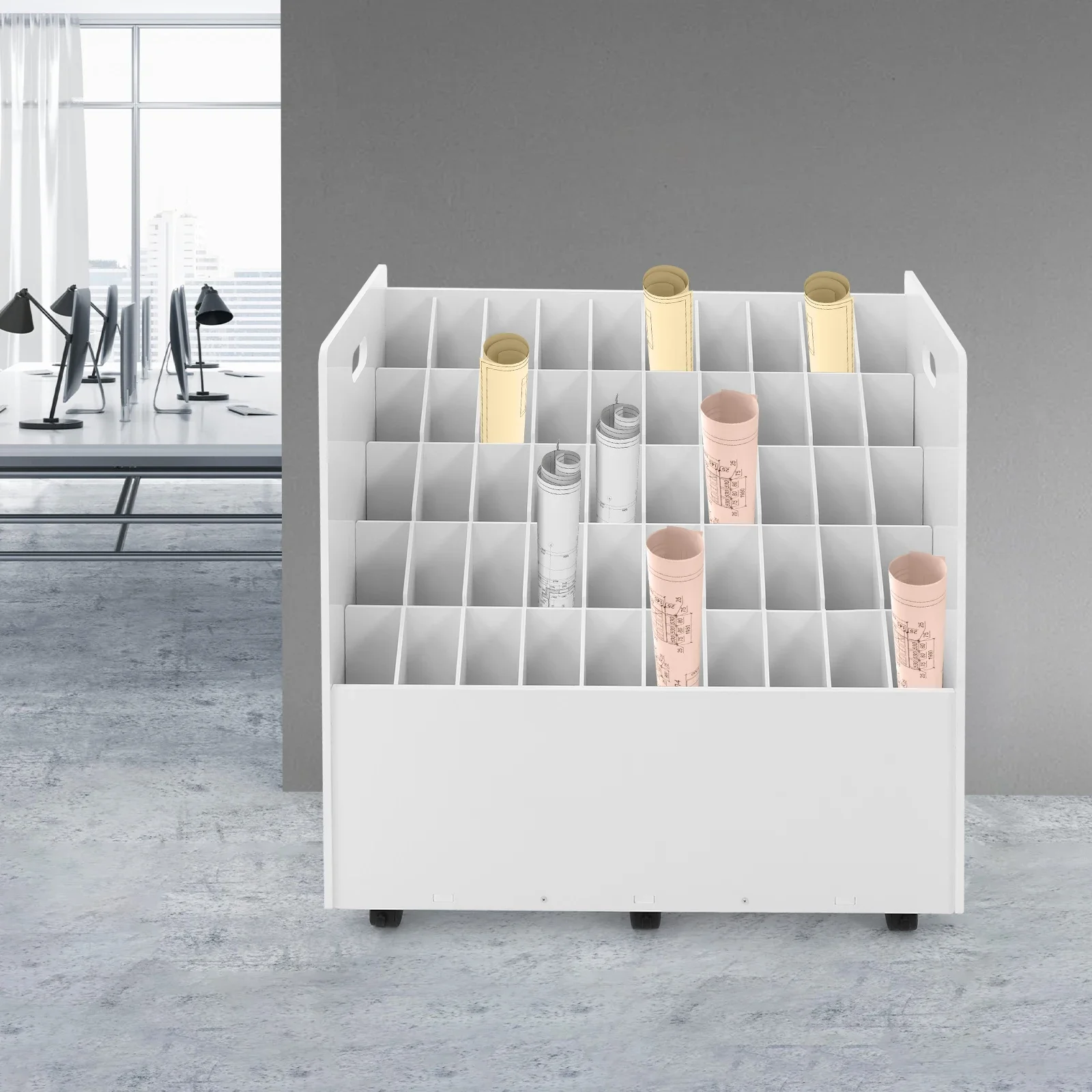 رف تخزين مكون من 50 فتحة للرسم/المستندات مع عجلات لتخزين اللوازم المكتبية والمجلدات والأدوات الشخصية
