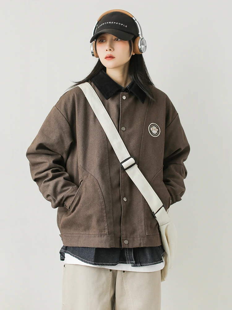 

Retro American Detroit Workwear Jaet Women Loose Waed Color Blo Corduroy Stand Collar Canvas Outerwear Trendy Street Sle