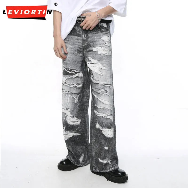 

2024 Spring New Product Men's Fashion Casual Pocket Zipper Trendy Street Wind Piercing Design Loose Washed Straight leg Jeans