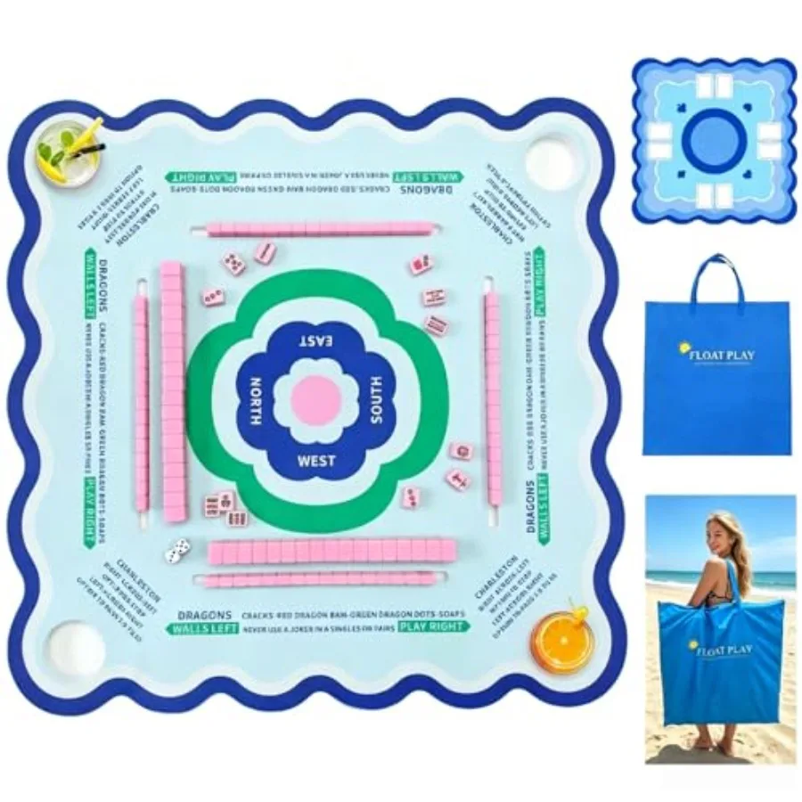 Floating Mahjong Table for Pool: PVC Mat Board Blue Double-Sided 31.5-inch Aqua Water Float with Storage Bag Versatile for Swim