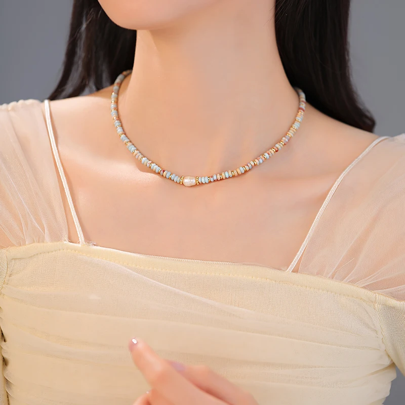 Reine handgemachte gewebte Natursteinperlenkette Perlenanhänger Halskette Luxuriöse Accessoires für Damenhals Modeschmuck – Detail 13