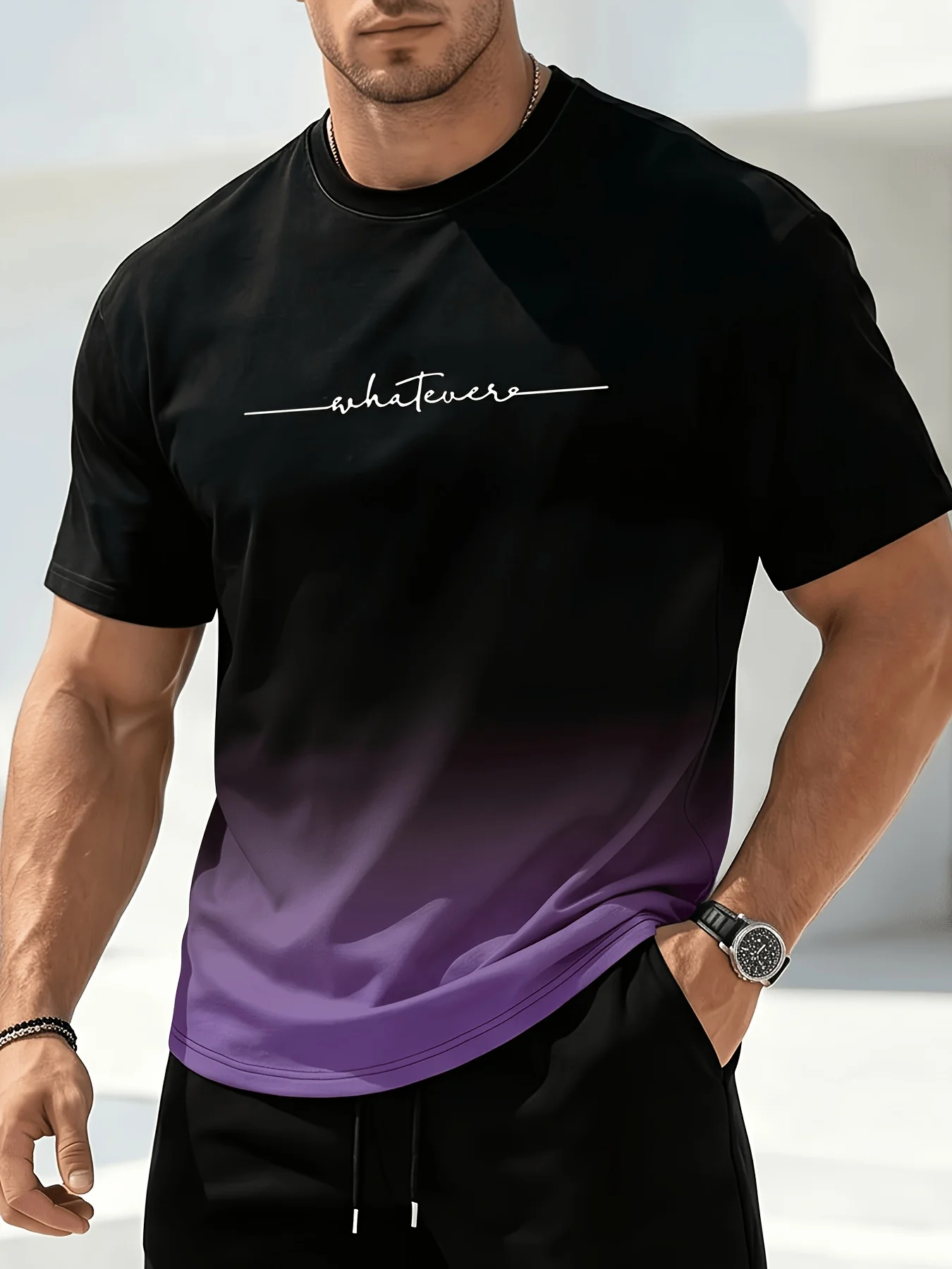 Men Black Gradient T‑Shirt Handwritten Letter Print Crew Neck Short Sleeve Tops 4 Colorways