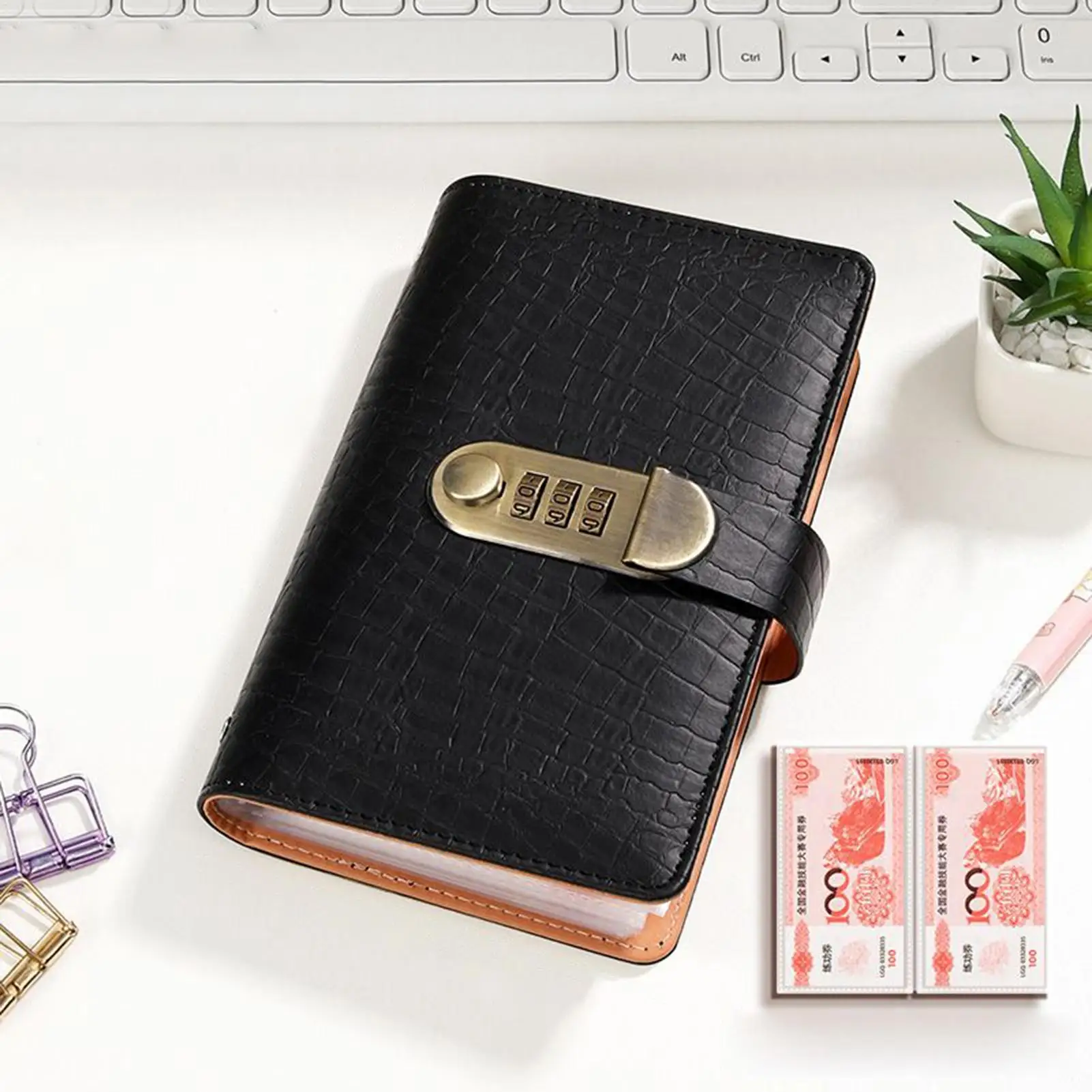 PU Leather 100 Envelope Challenge Binder Waterproof Reusable Saving Money Notebook With Password Lock Banknote Colletion Booklet