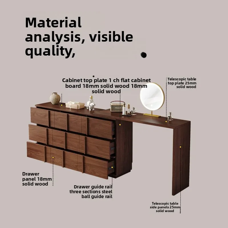 

All Solid Wood Dressing Table with Six Drawers, Integrated Modern Minimalist Storage Cabinet, Extendable Makeup Table