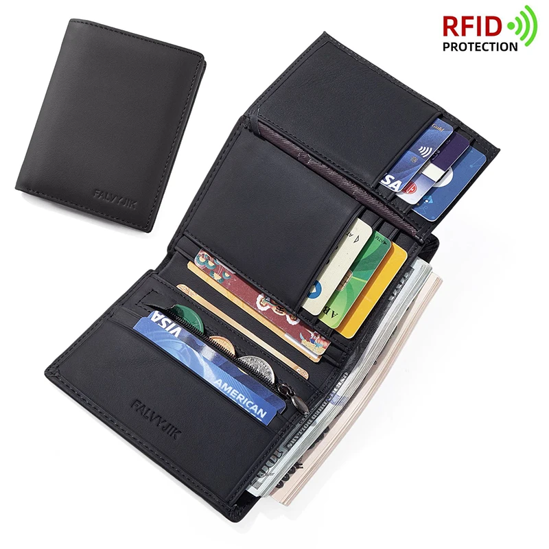 Men Wallet Genuine Leather Wallets for Men Zipper Purse Vertical Business Wallets RFID Anti-Theft Credit Card Holder Money Bag