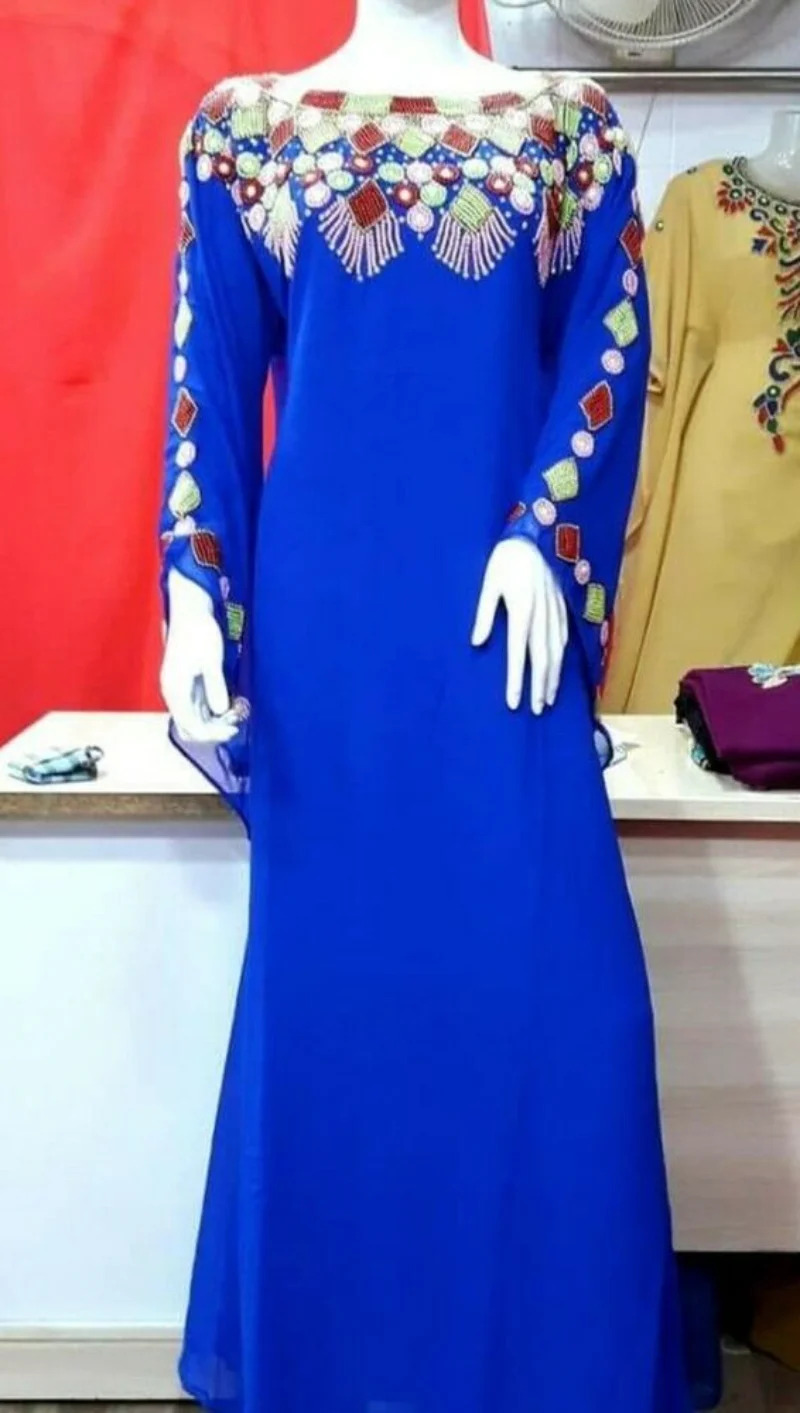 

Moroccon Women Long Dress Royal Blue Georgette Dubai Gown Farasha Indian Clothing World National Clothing 56 Inches