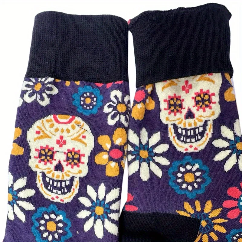 1pair Men\'s Creative Casual Harajuku Funny Personality Comfortable Skull Head Print Hiphop Fashion Print Breathable Socks