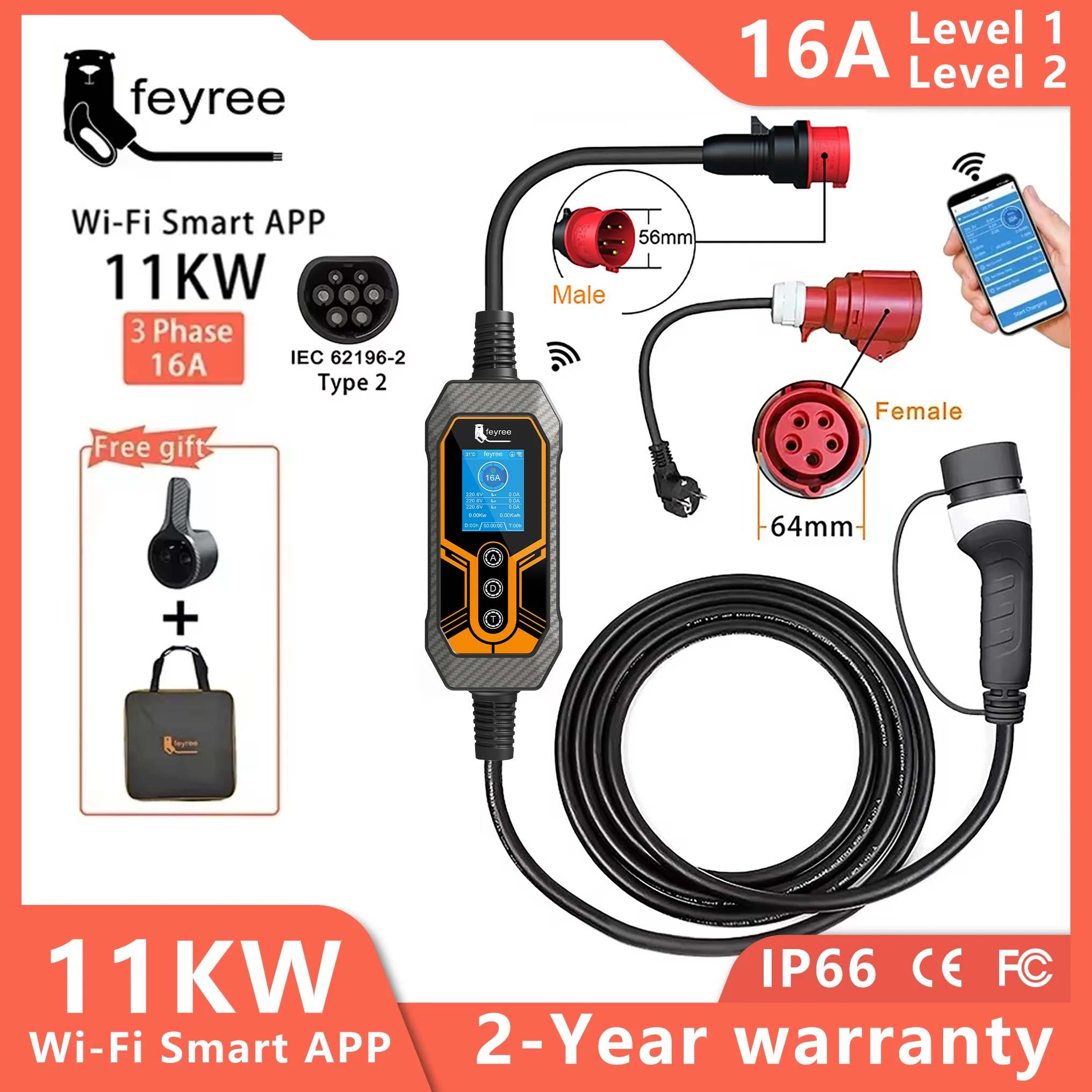 feyree Type 2 Portable EV Charger 11KW 16A 3 Phase Wi-Fi APP Bluetooth Version EVSE Charging Cable 5m CEE Plug for Electric Car