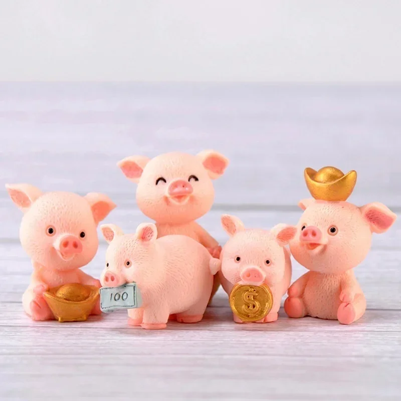 5Pcs Micro Pig Family Figurine Resin Ornaments Miniature Model Mini Animal Statue Bonsai Decoration Garden Home Decor