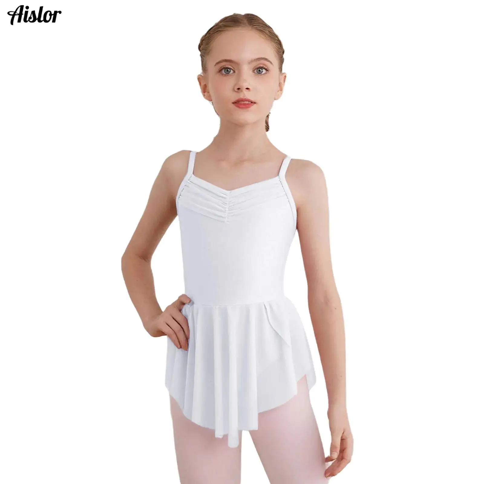 

Kids Girls Ballet Dresses Ballerina Practice Performance Costume Ruched V-Neck Spaghetti Straps Sides Split Dance Leotard Dress