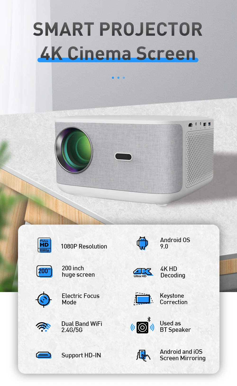 Proyektor bioskop rumah LCD pintar, proyektor LCD 1080P mendukung dekoding 4K