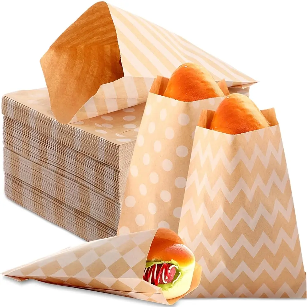 

400 Pcs Bulk Flat Paper Treat Bags - 5 X 7 H Kraft Small Candy Buffet Bags With Brown Dots Stripes For Sandwich Cookies,