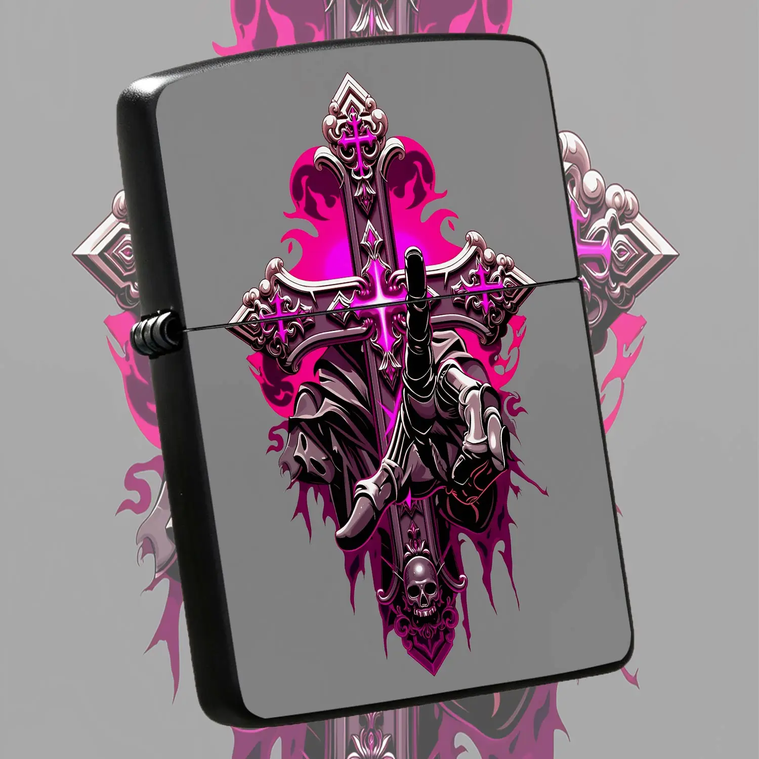 Gothic Cross Magenta Glow Art Lighter, Ornate Vintage Dark Aesthetic Pocket Igniter, Unique Graffiti Style Portable Accessory For Daily Carrying, Ideal Decorative Collectible Creative Gift For Party Festival Occasions A Humorous And Interes