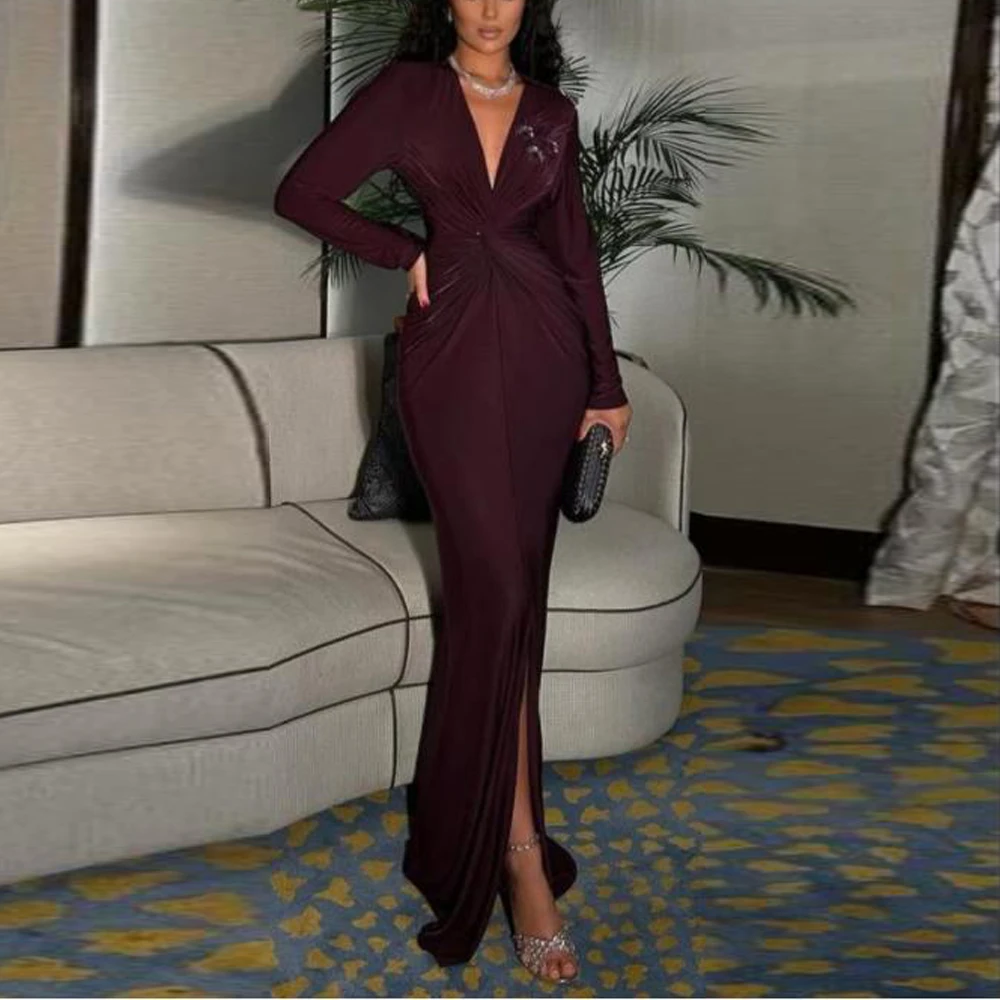 

Customized Wine Red Evening Dresses 2025 V Neck Long Sleeve Formal Gown with Split Flower Feather vestidos de soiree