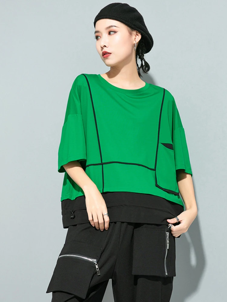 [EAM] Women Red Pocket Split Joint Big Size T-shirt New Round Neck Three-quarter Sleeve Fashion Tide Spring Summer 2024 1U622