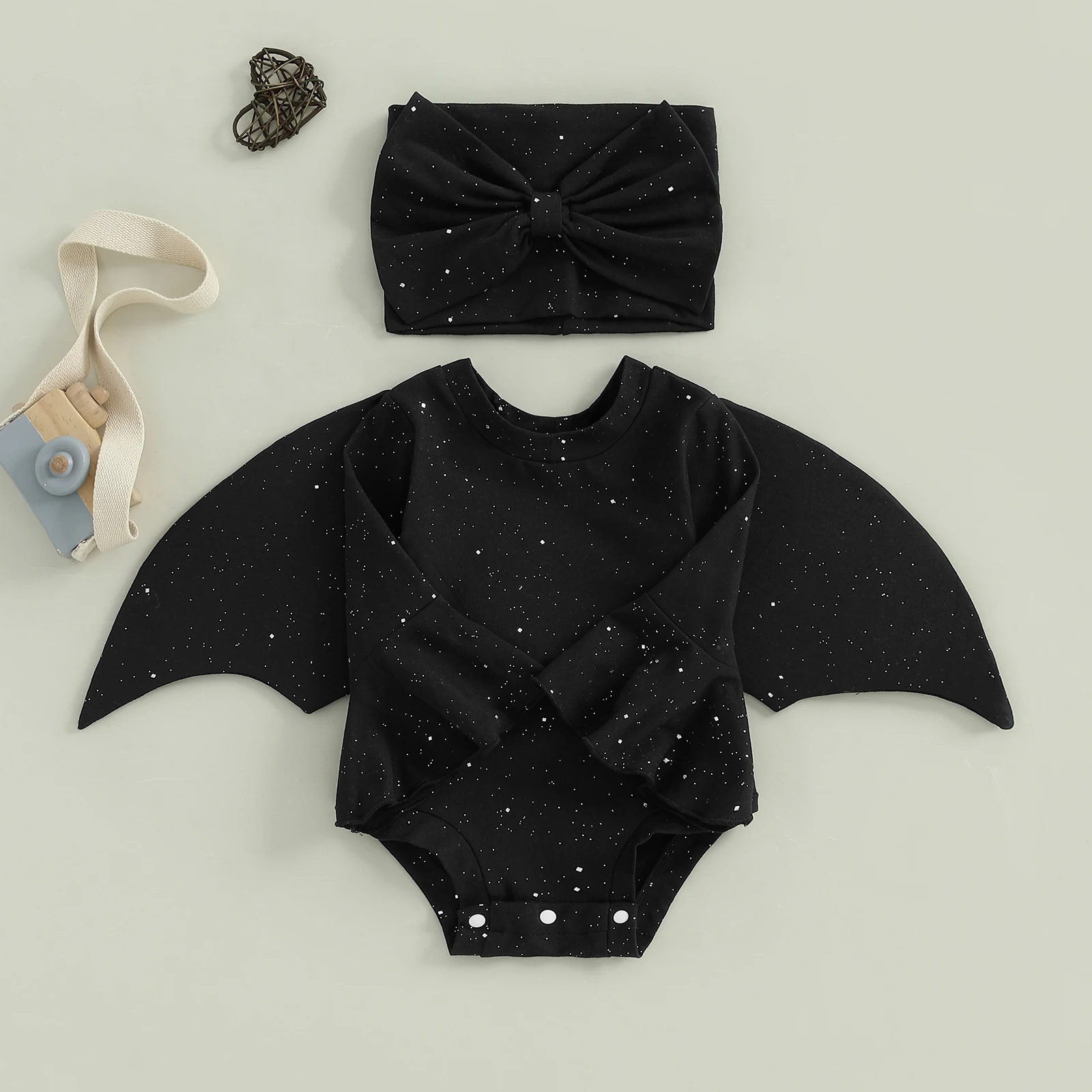 Tregren Toddler Baby Girl Bat Costumes Glitter Batwing Long Sleeve Romper with Bow Headband 2 Piece Halloween Outfits