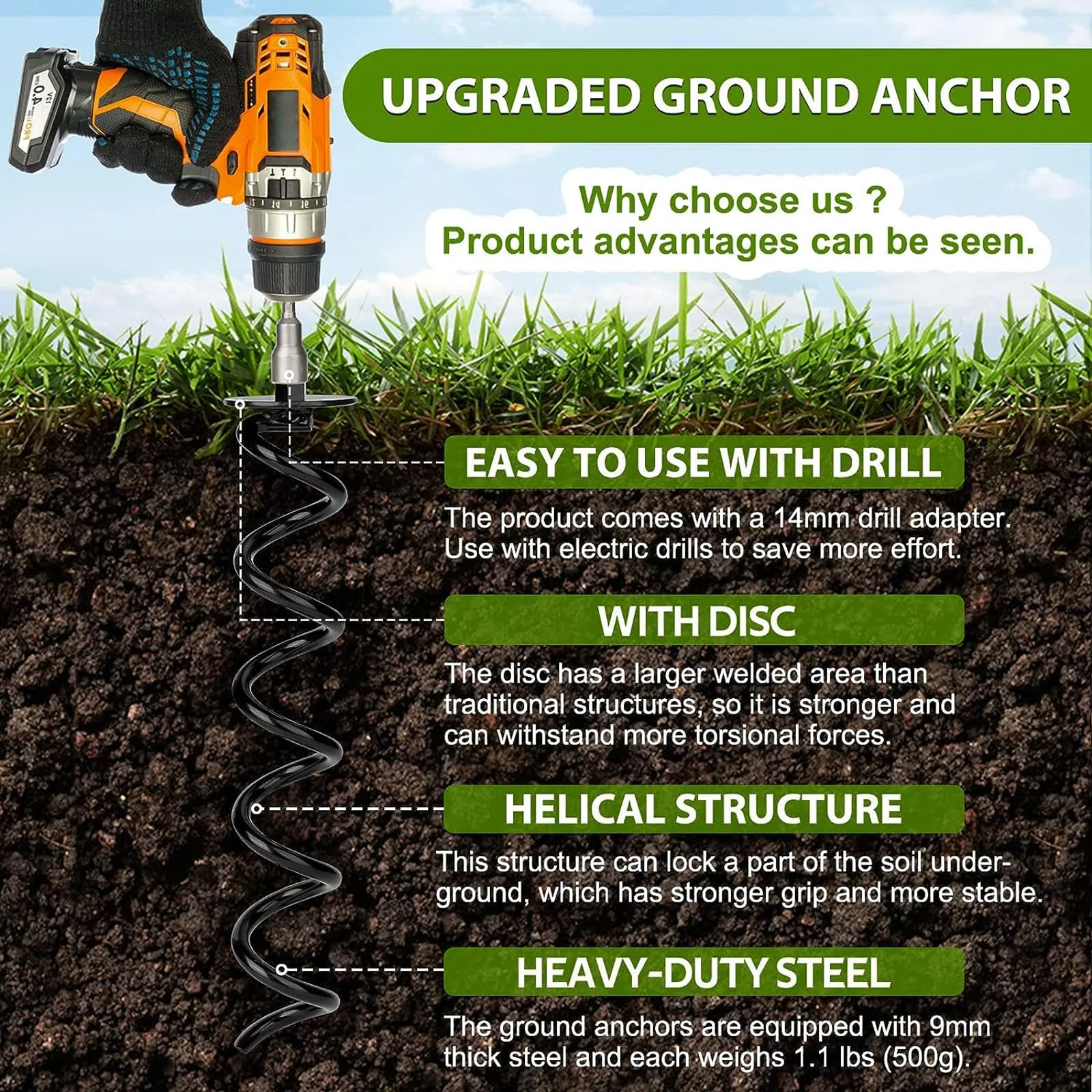 6 Pack Ground Anchors 15.3" Heavy Duty Earth Anchors with T Handle Hex Wrench & Drill for Swing Trampoline Tents Animals - view 5