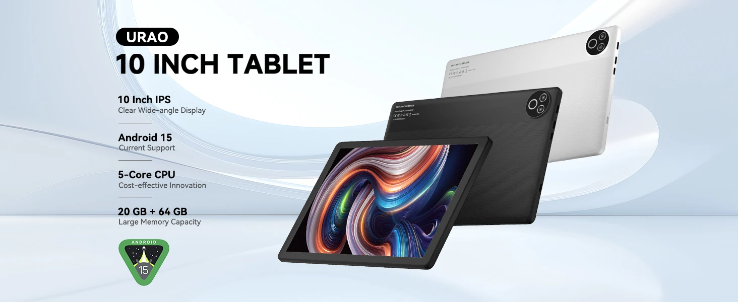 URAO Android 15 Tablet 10.4 Inch OS GMS Certified Tablets 1.8 GHz 20GB RAM 64GB ROM 1TB Expand WiFi 6 Bluetooth 5.4 Dual Camera