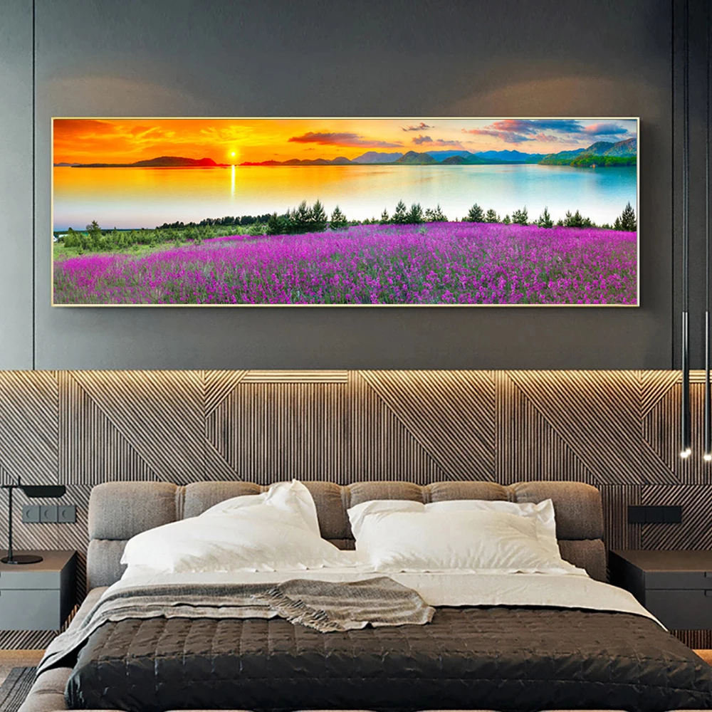 Lavender Field Pictures Landscape Sunset Flower Posters Canvas Painting Wall Art Pictures for Living Room Home Decor No Frame