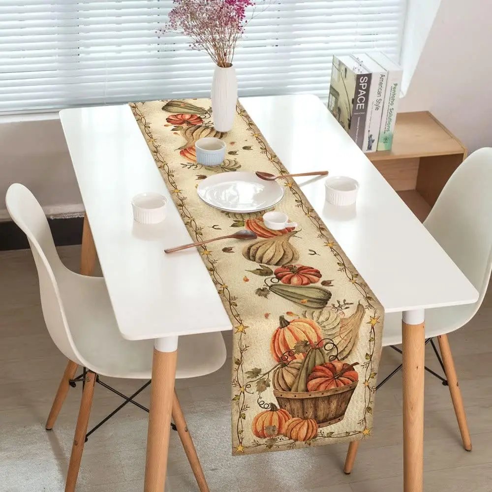 Fall Harvest Pumpkins Linen Table Runner Home Party Decor Vintage Autumn Thanksgiving Table Runner Kitchen Wedding Table Decor