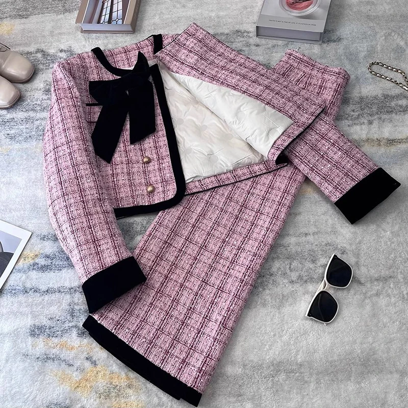 Spring Bowtie Elegant Pink Two Piece Skirt Style Set New Elegant Work Office Coarse Tweed Coat with High Waist Long Skirt Women